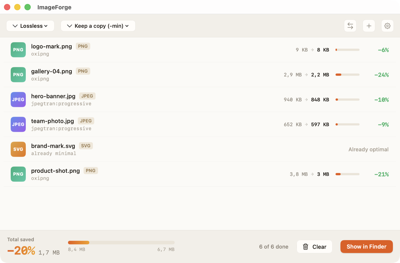 ImageForge results window — files compressed with per-file savings