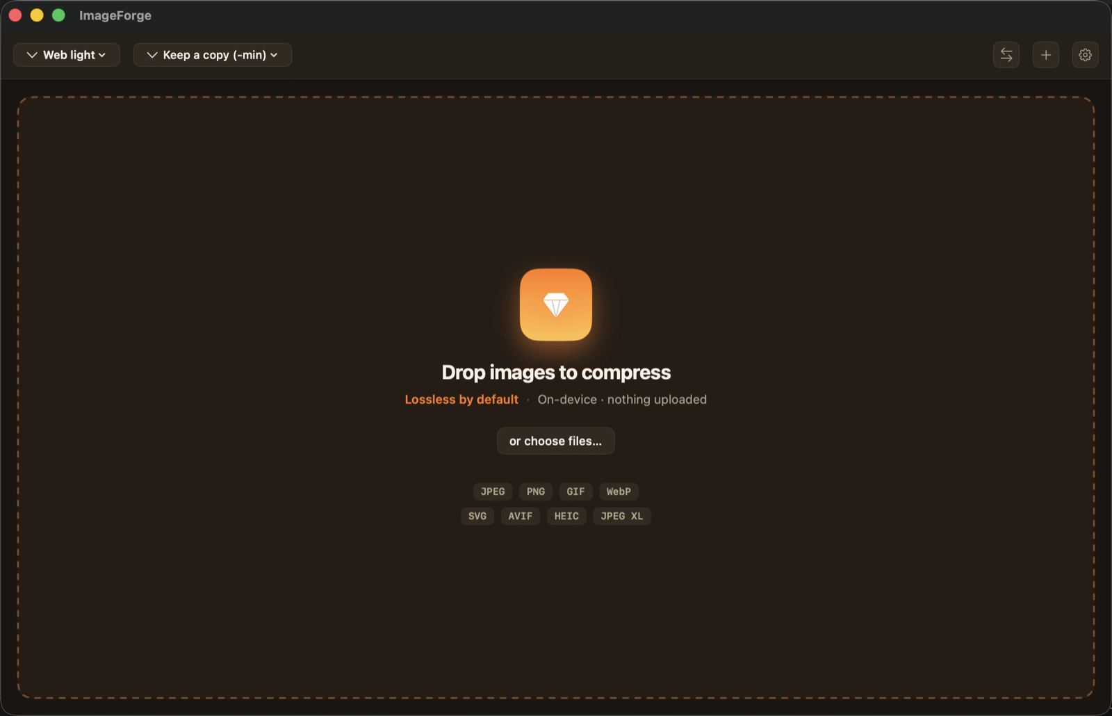 The ImageForge window, empty, listing the formats it accepts